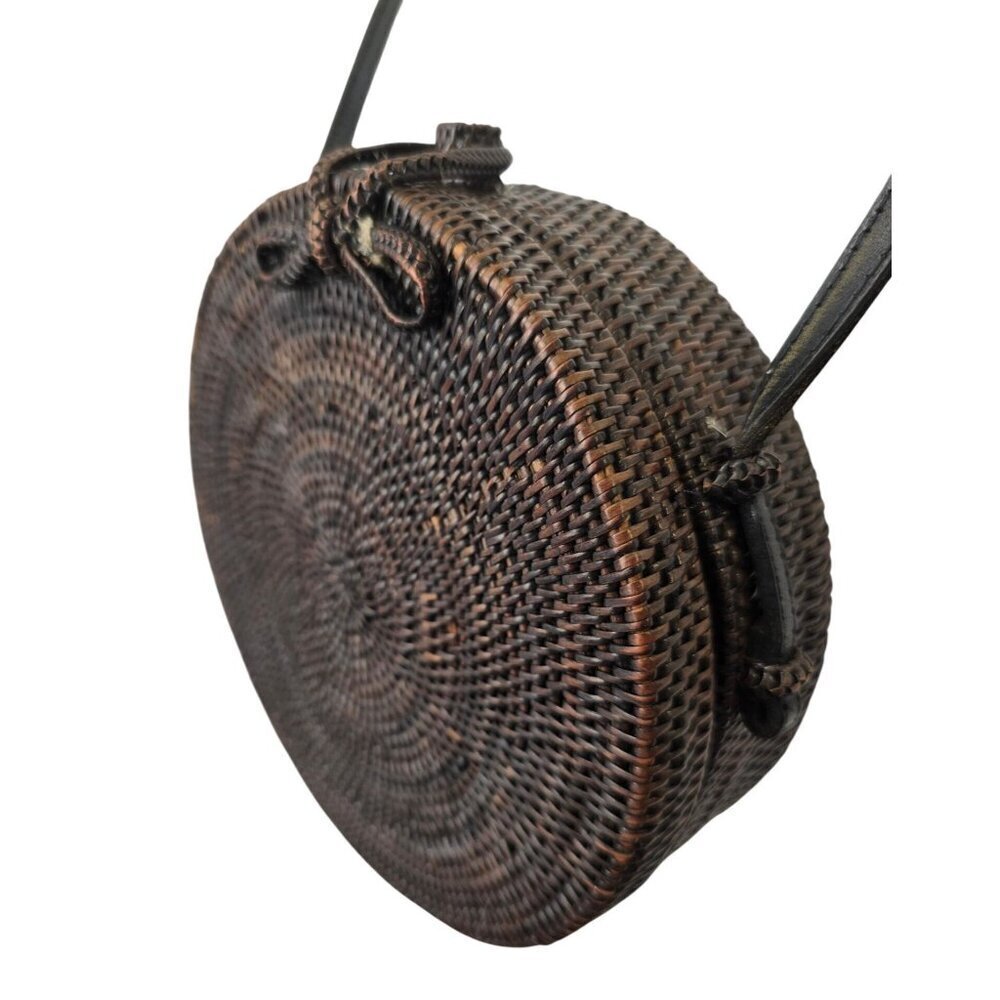 Vintage Bali Rattan Round Bag Wicker Crossbody Boho Purse Handmade Leather Strap